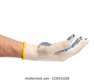 Worker showing outstretched palm gesture - offering or begging concept. Male hand wearing working cotton glove with blue rubber dots, isolated on white background.