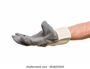 Worker showing outstretched palm gesture - offering or begging concept. Male hand wearing working glove, isolated on white background.