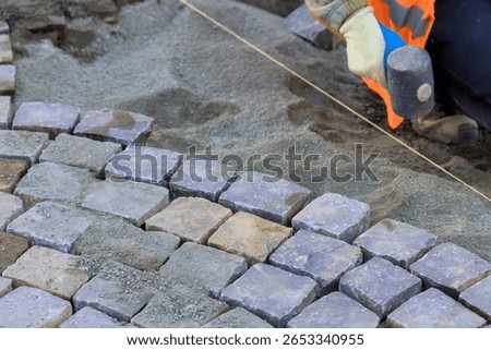 Worker skillfully positions cobblestones while ensuring alignment for new pathway construction