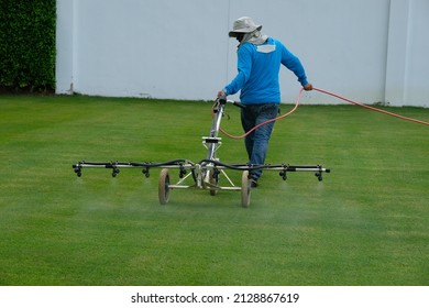 Worker Spraying Pesticide Onto Green Lawn Outdoors,  Pest Control