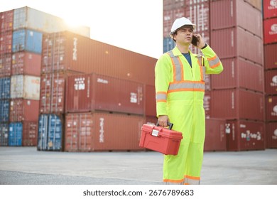A worker talking on smartphone while holding a toolbox, standing in a container yard