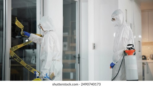 Worker, team and barrier tape for forensic, evidence or cleanup for investigation or restoration. People, ppe suit and crime scene with cleaning, restricted area or office as specialist for biohazard