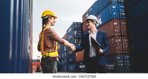 worker teamwork and partner of foreman, engineer, and businessman working in an international shipping area, concept of business industrial and working in container yard	