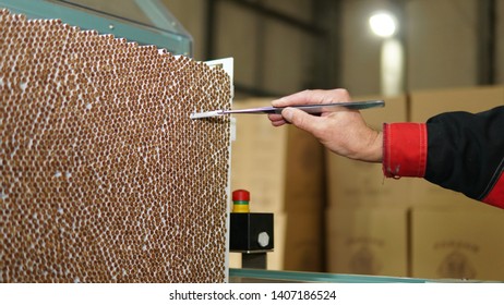 A Worker In A Tobacco Factory Picks Up A Cigarette With Tweezers From Stack