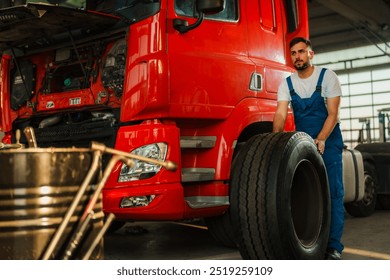 Worker in truck service is replacing a tire on a large red truck. Scene captures the hard work and dedication involved in vehicle maintenance. - Powered by Shutterstock