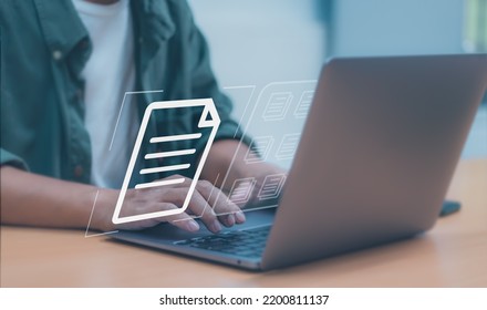 worker typing on laptop keyboard to document management system (DMS) or databases, concept of using technology to manage files document storage in digital format of organization business effectively. - Shutterstock ID 2200811137