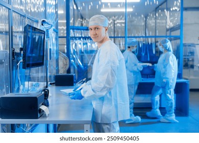 Worker use barcode scanner for marking surgery kit box of production med factory.