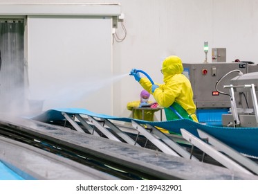 Worker use high pressure water spray cleaning conveyor belt in chicken meat process. - Powered by Shutterstock