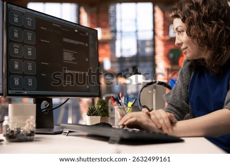 Worker uses AI chatbot system on a computer to guide her through problem solving tasks, futuristic technology highlights smart algorithms and machine learning. Communication and IT support.