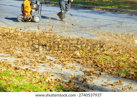 Worker uses leaf blower on leaf covered path in park on autumn morning with others nearby.