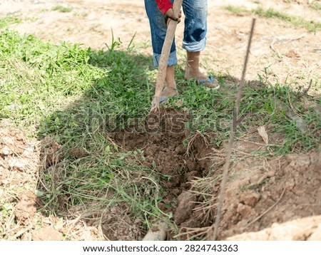 A worker using a hand hoe to dig a trench in grassy soil outdoors on a construction or gardening site.