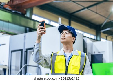 A worker using a portable measuring device in a factory