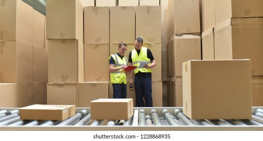 Worker in a warehouse in the logistics sector processing packages on the assembly line  - transport and processing of orders in trade 
