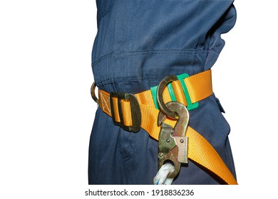 Worker wear straps Safety equipment Protection in working at heights ,On white background
