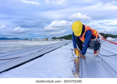 Worker Wearing Safety Harness For Installation Metal Roof Sheet And Roof Insulation At Warehouse Roof