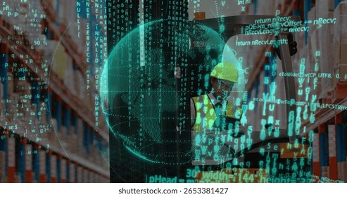 Worker wearing vest scanning tablet in storage aisle, with wireframe globe code overlay, copy space. Logistics, automation, technology, industrial, inventory, supply chain, data