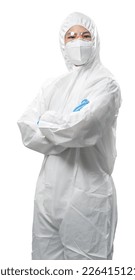 Worker wears medical protective suit or white coverall suit with mask and goggles arm crossed isolated on white background