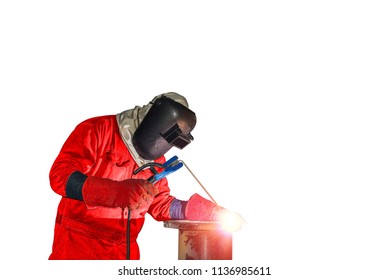 Worker Welder Arc Process Steel Pipe System With Light Spark From Welding Isolated On White Background