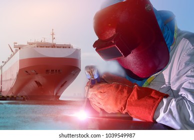 Worker Welding Arc Double Exposure Concept Maritime Business Background