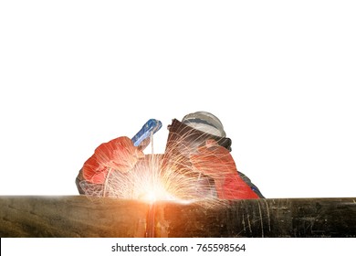 Worker Welding Steel Pipe Isolated On White Background