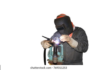 Worker Welding Steel Pipe Isolated On White Background