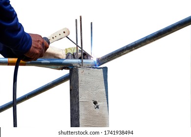 Worker Welding Steel In Workshop Sparks Metalwork Construction Isolated On White Background.