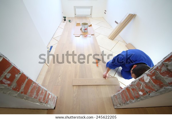 Worker White Room Where Laminate Laid People Interiors Stock Image