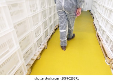 A Worker In White Sanitary Clothes In A Food Production Facility. Corridor With White Plastic Boxes.