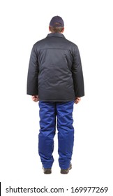 Worker In Winter Workwear. Back View. Isolated On A White Background.