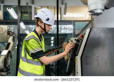 A worker in a yellow vest is looking at a computer screen. The worker is wearing a hard hat. Female engineer using a tablet to program and control a robotic arm in a smart factory.