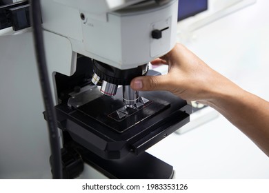 Workers adjust the magnification of microscope to see microstructure of metal.
