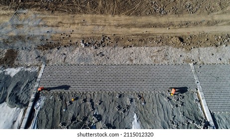 Workers Are Building River Slope Protection At A Water Conservancy Project Construction Site, North China