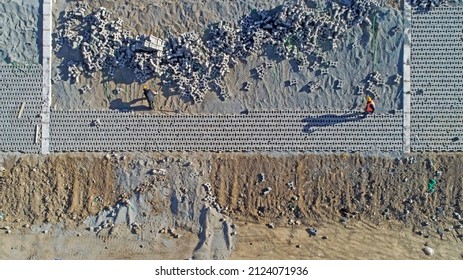 Workers Are Building River Slope Protection At A Water Conservancy Project Construction Site, North China