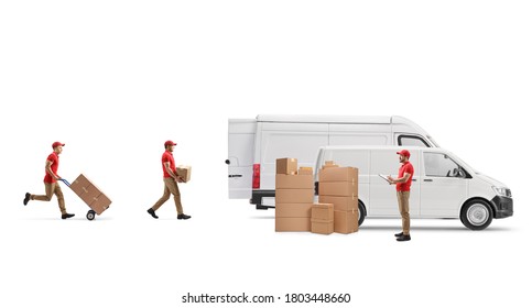 Workers from a cargo company loading boxes in vans isolated on white background