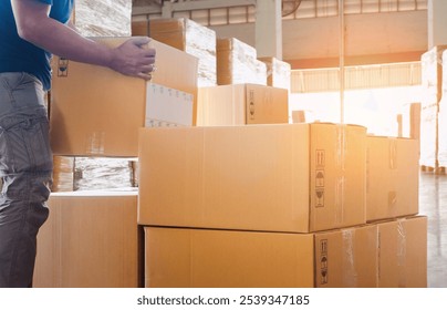 Workers Carrying a Package Boxes Stack on Pallets. Cartons, Cardboard Boxes, Business e- commerce. Storage Warehouse. Supply Chain, Supplies Shipment. Warehouse Shipping Logistics.