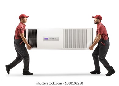 Workers Carrying A Self Standing Portable Air Conditioning Unit Isolated On White Background