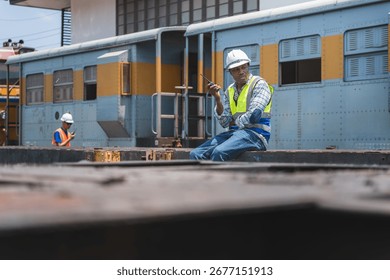 Workers Checking Freight Train Undercarriage, Railway Engineers Inspecting Train Wheels and Tracks, Logistics Professional Communicating During Rail Inspection