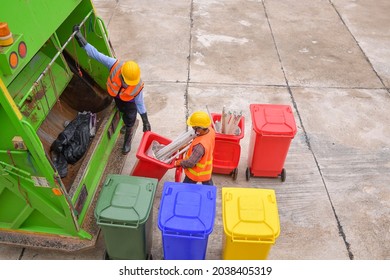 Workers Collect Garbage With Garbage Collection Truck,Garbage Collection Workers In Residential Area