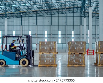 Workers drive forklifts and move products to be stored in warehouses.. - Powered by Shutterstock