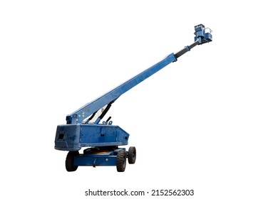 Workers Are Driving An Blue Articulated Boom Lift Or Hoisting A Telescopic Boom And A Bucket Crane Mounted On The Truck. White Background