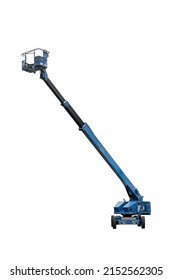 Workers Are Driving An Blue Articulated Boom Lift Or Hoisting A Telescopic Boom And A Bucket Crane Mounted On The Truck. White Background