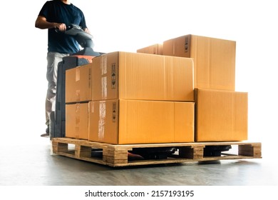 Workers Driving Forklift Pallet Jack Unloading Packaging Boxes on Pallet. Cardboard Boxes. Shipping Supplies Warehouse. Shipment Boxes. Storehouse. Cargo Warehouse Logistics.	
