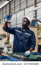 Workers Factory or Engineering work at factory site check up machine or products in site. Foreman or Technician checking Material or Machine on Plant. Heavy industry factory concept.