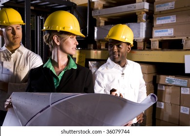 Workers With Female Boss In Storage Warehouse