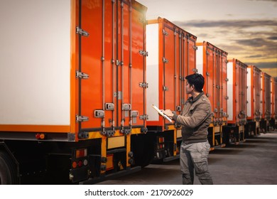 Workers Holding Clipboard The Control Loading Shipping Cargo Container. Truck Inspection. Semi Trailer Truck Cargo Freight Transport Logistics.