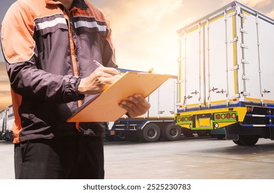 Workers Holding Clipboard Inspects Container Trucks. Control the Loading of Goods at the Port Warehouse. Shipping Cargo Container. Freight Truck Import-Export Logistics, Distribution Warehouse.