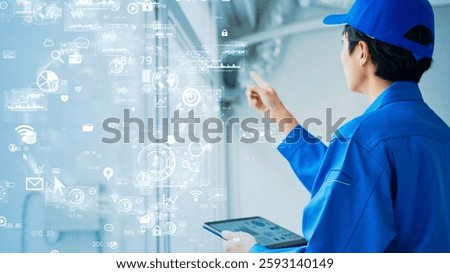 Workers inspecting facilities and digital data concept
