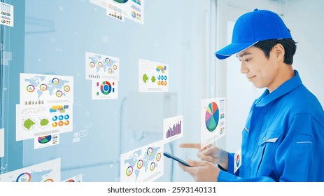 Workers inspecting facilities and electronic data concept