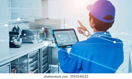 Workers inspecting with tablets and communication network concept