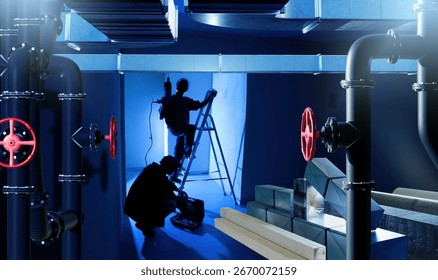 Workers installing ventilation and pipeline system in industrial building basement with tools and ladder, symbolizing construction, engineering, maintenance, plumbing.